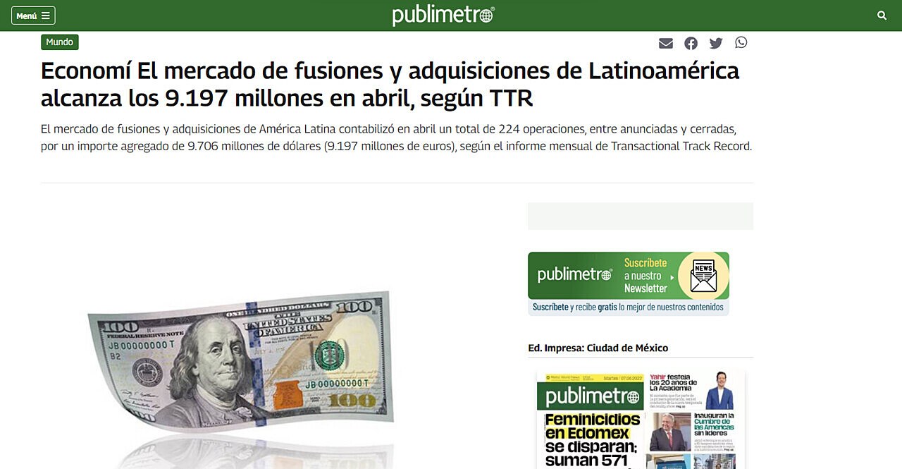 Econom El mercado de fusiones y adquisiciones de Latinoamrica alcanza los 9.197 millones en abril, segn TTR